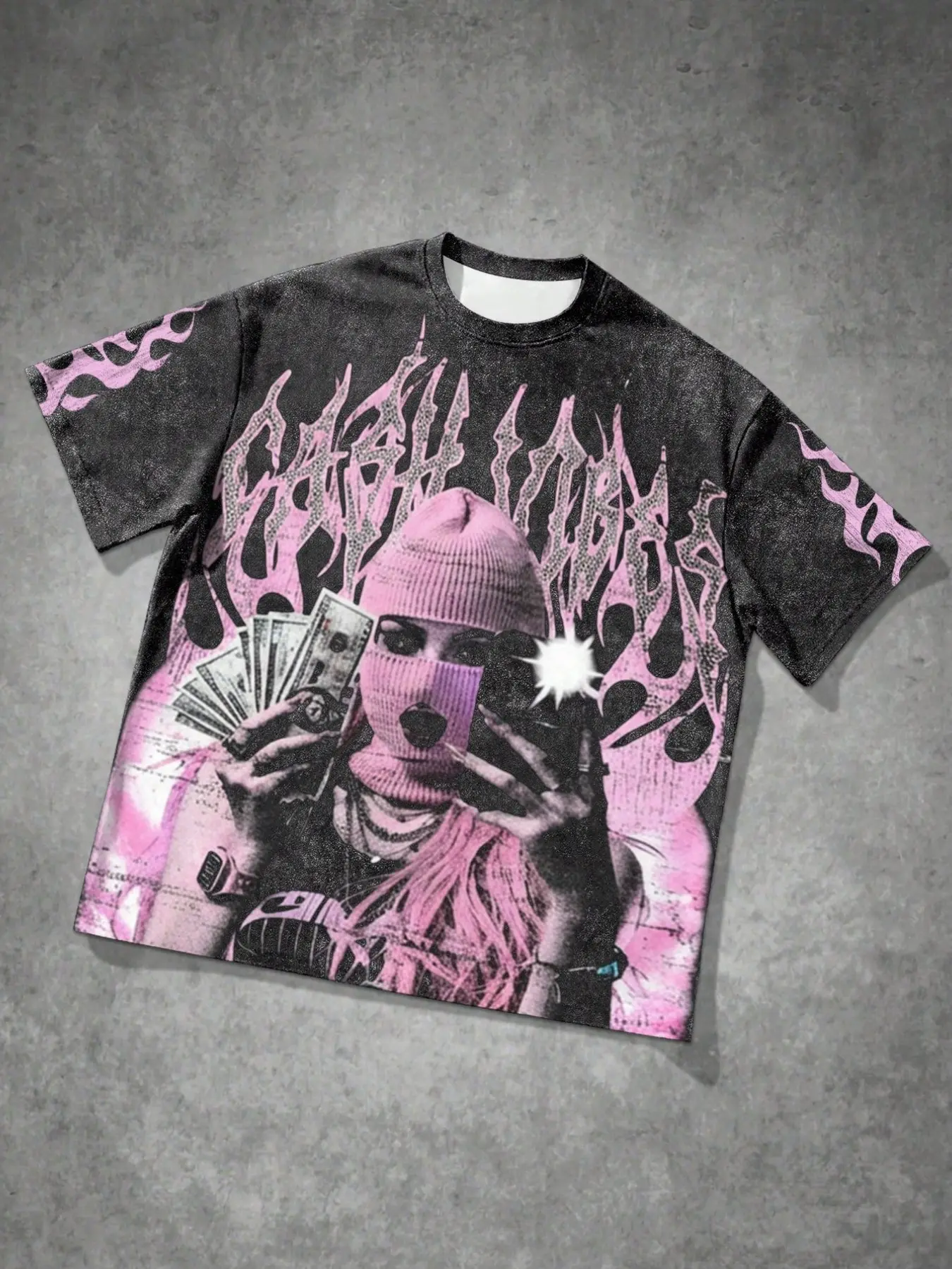 Men's Loose Oversize Pink Mask Girl Print T-Shirt, Y2K Flame Graphic Tropical Short Sleeve, Streetwear Baddie T-Shirt, Premium Y2K Streetwear T-Shirt, Suitable For Daily Wear, Men's Summer Top Menswear