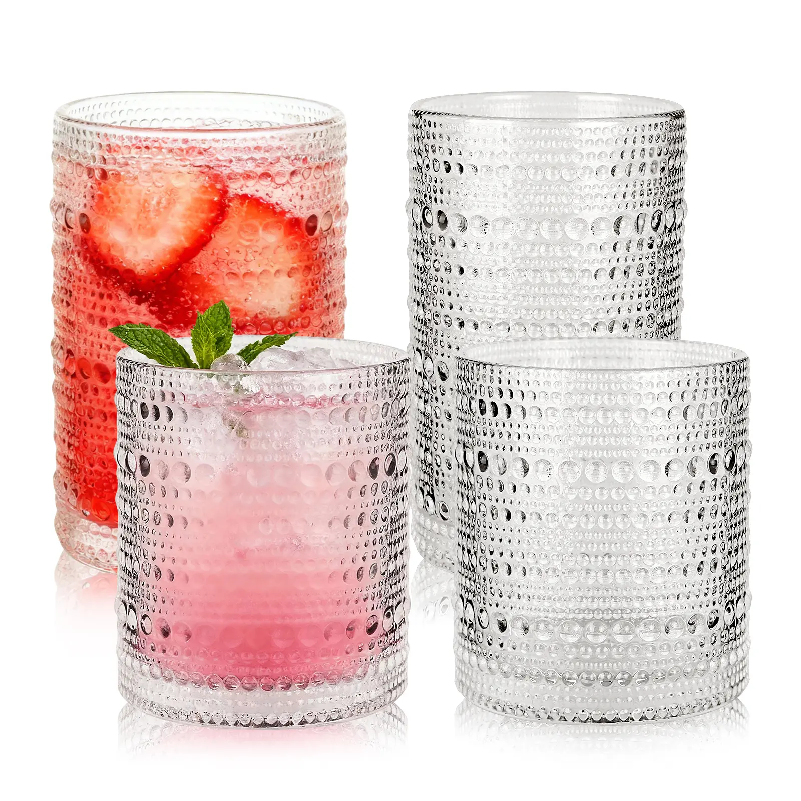 Hobnail Drinking Glasses Set of 8, 10 Oz Kitchen Water Glasses Cup & 12 Oz Vintage Cocktail Glasses Drinkware Set for Whisky, Juice, Wine, Milk