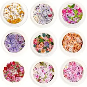 9 Boxes 3D Flower Nail Stickers, 450pcs Holographic Simulated Flower Leaf Nail Glitter, Sparkling Acrylic Paillettes for Nail Art Decorations