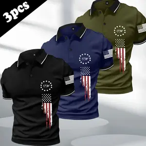 Men’s fashion three-piece set: short-sleeve polo shirt with a turn-down collar, featuring a trendy, distinctive American flag “1776” print; comfortable, skin-friendly, figure-flattering design with contrasting color details—ideal for summer outings; premi