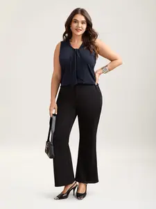 【Easter's Haul】【Arm Freedom】BlOOMCHIC Plus Women's Indigo Tie Neck Fitted Sleeveless Blouse, Casual Classy Top, Regular Fit Minimalist Basic Shirt for