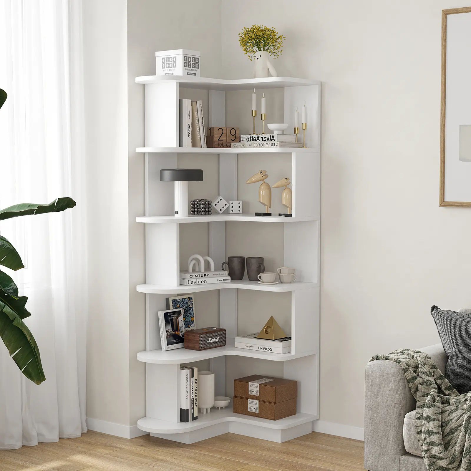 5-Tier L-Shaped Freestanding Corner Bookshelf - Sturdy Stable MDF Storage Shelves with Organiser, Decorative Indoor Furniture for Living Room, Home Office, Kitchen, Modern