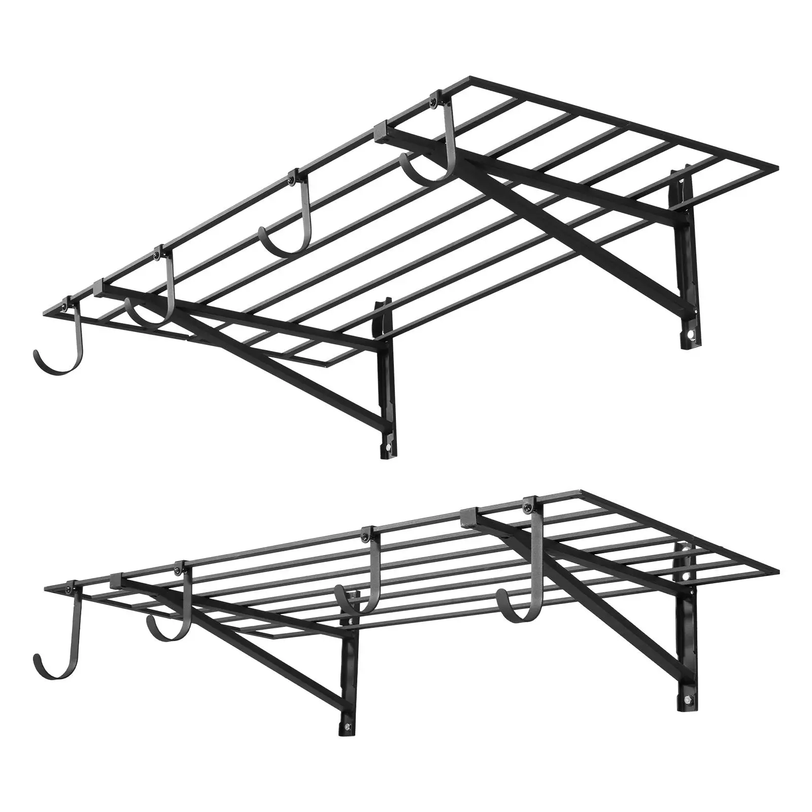 VEVOR Heavy-Duty Wall-Mounted Steel Storage Rack Kit, 2-Tier 24x48 in Shelves with Hooks, 520lbs Max Capacity, Black Home Organizer for Garage Organization with Easy Walls Install, Installation