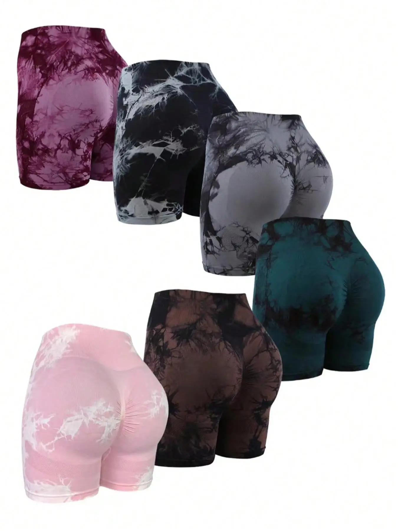 Women's 6pcs Tie Dye Print High Waist Sports Gym Shorts, Sporty Casual Breathable Comfortable Skinny Shorts, Ladies Sportswear Bottoms for Summer, Gym