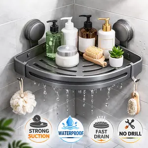 3 Pack No-Drill Black Suction Corner Shower Caddy – Strong Suction Rustproof ABS Bathroom Organizer, Triangular Waterproof Shelf with Adjustable Hooks, Space-Saving Storage for Shower, Kitchen & Toilet