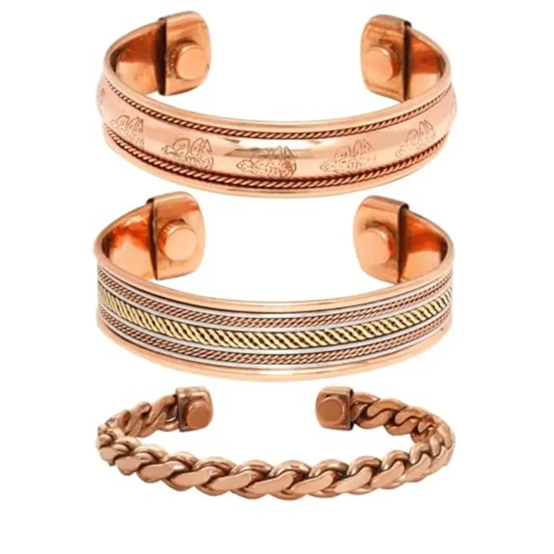 Art Of Creation Pure Copper Set of 3 Tibetan Bracelets Handmade Cuff Bangle for Men And Women Adjustable Kada From India For Unisex