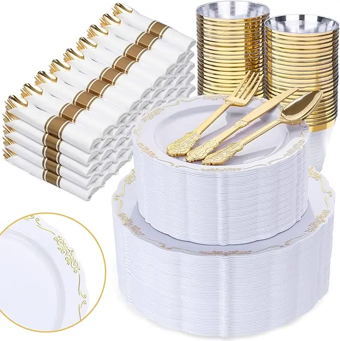 Gold Plates Disposable - Heavy Duty White and Gold Plates Including  Dinner &  Dessert Plates   gold Rim Cups & Cutlery Perfect for Upscale Party, Wedding