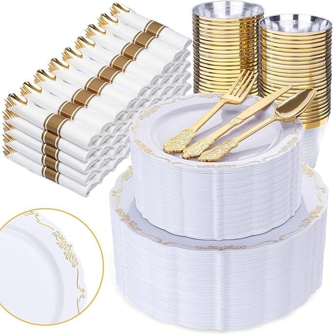 Gold Plates Disposable - Heavy Duty Gold Plates Including Dinner & Dessert Plates gold Rim Cups & Cutlery Perfect for Upscale Party, Wedding
