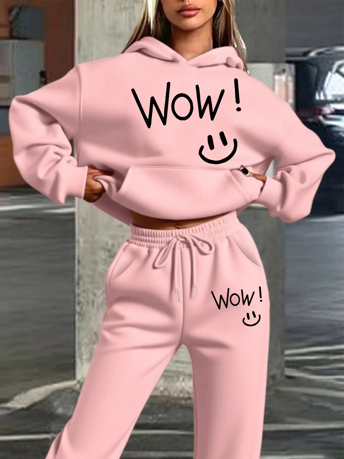 Women's Hooded Sweatshirt Set, Fall Winter Warm, Smiley Face Print, Street Casual Style, Fitted Design, Jogger Pants Included