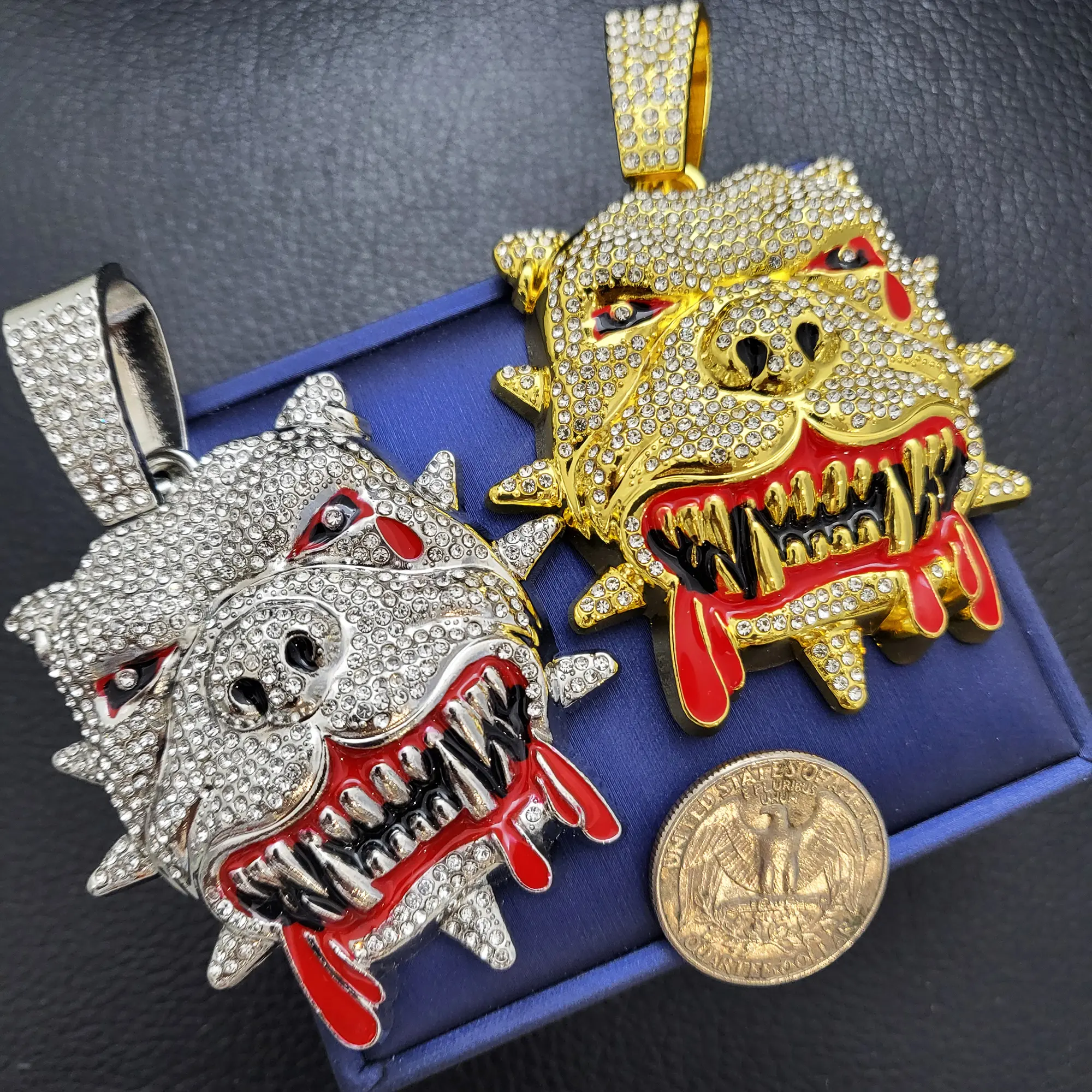 MaxBling81 Iced Out Pitbull Dog Head Charm Pendant, Gold/Silver Metal Coating, Large Statement Piece, Gold Statement Chain, High Polish Unisex Costume Jewelry, Designed in Celebrity Style for Hip Hop Enthusiasts, Animals