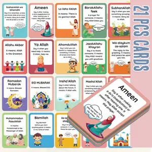 21 Vocabulary Education Flashcards, Language Learning Flashcards, Muslim Prayer Phrases Introduction Cards, Fun Illustrations for Common Islamic Expressions