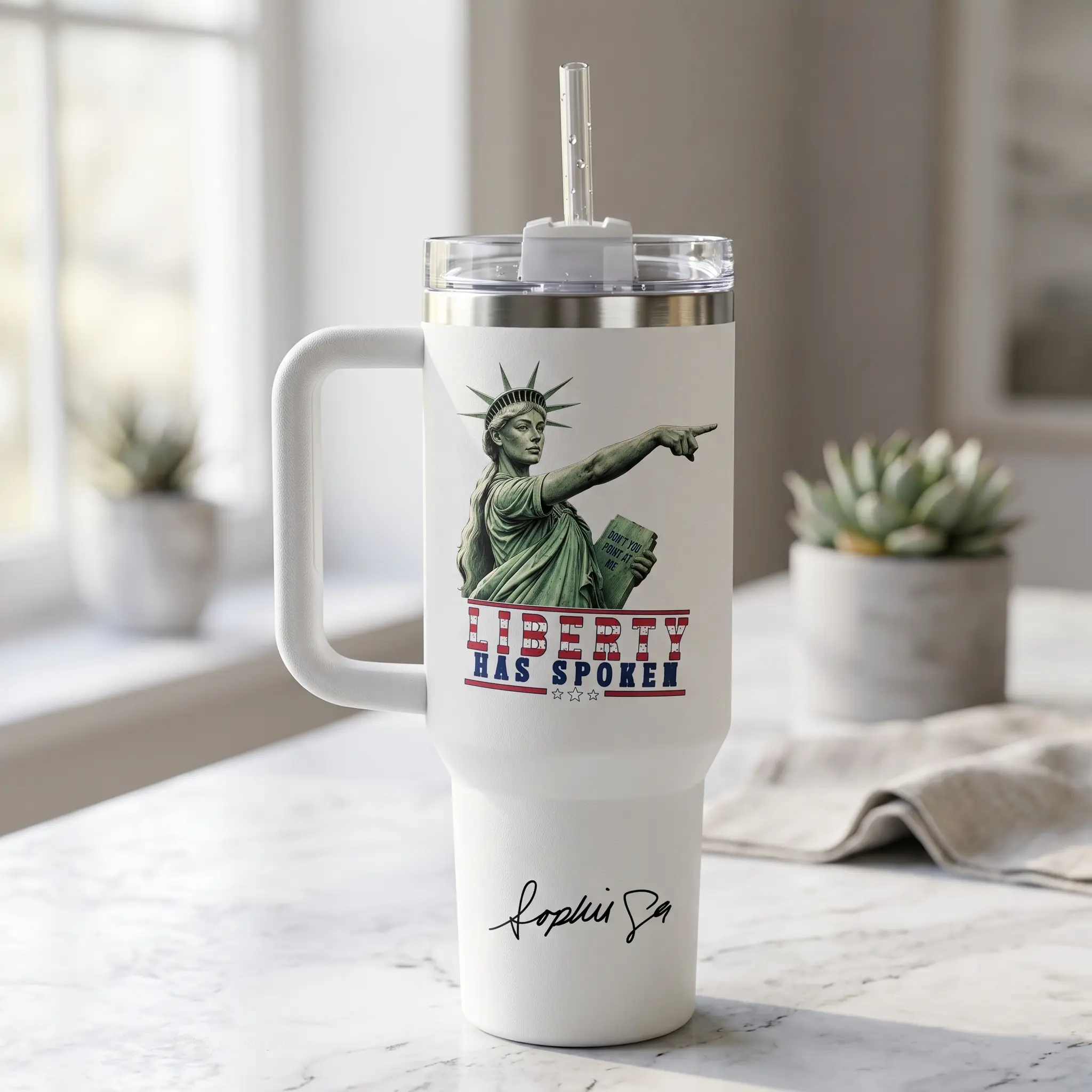 Sophie Cunningham Pointing Tumbler 40oz with Handle, Sophie Cunningham Basketball Point God, Lady Liberty Cup Mug, Don't Point At Me Cup, Patriotic Satire