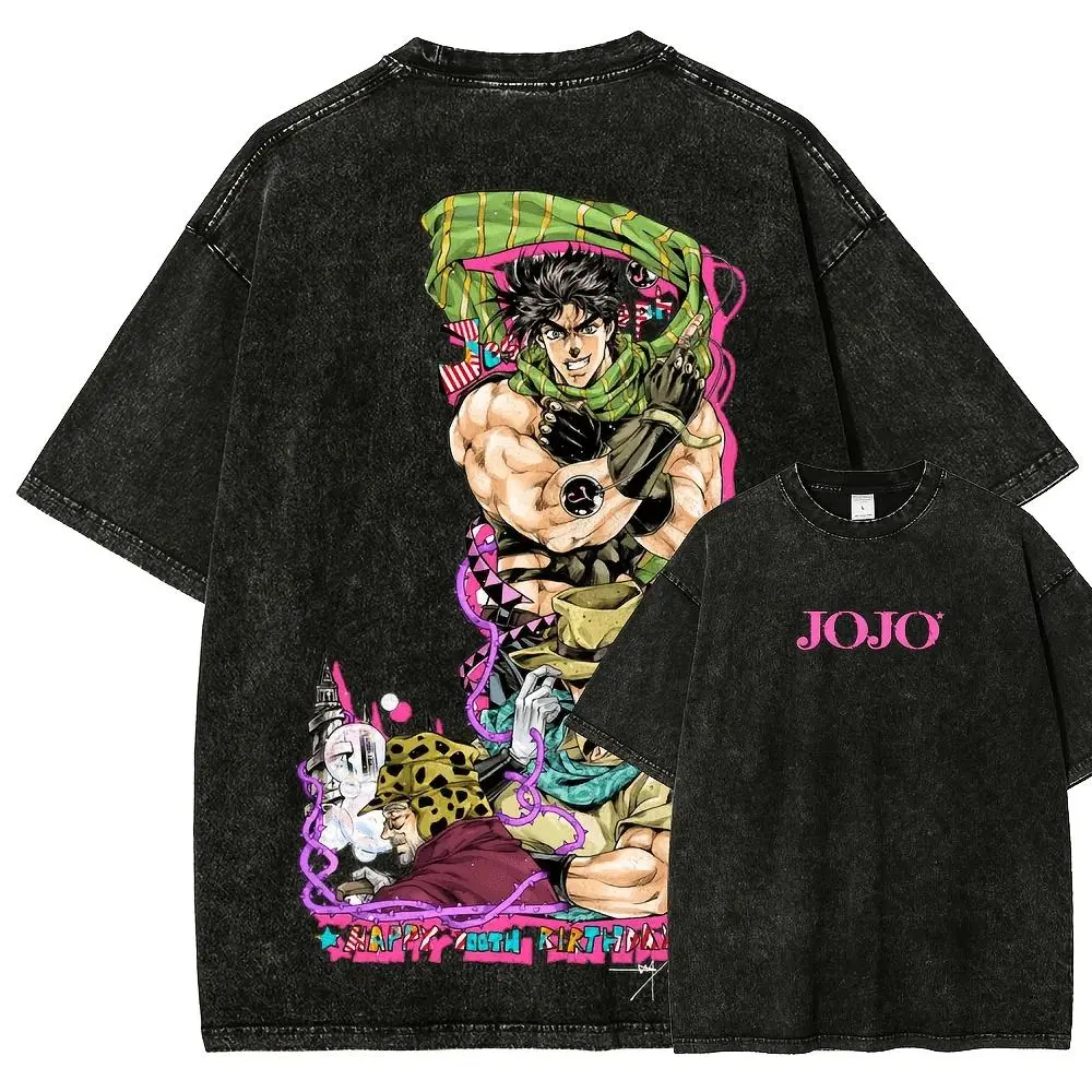 Men's Jojo's Bizarre Adventure Vintage Short-Sleeve Washed Menswear T-Shirt - Unisex Round Neck Casual Distressed Figure-Flattering Top, Father's Day Gift