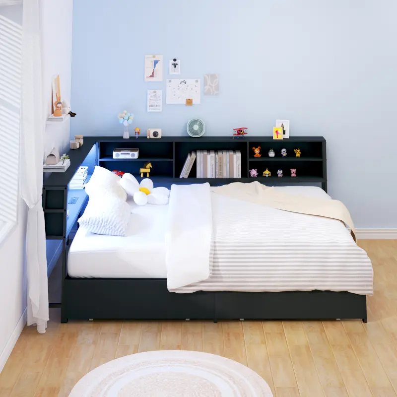 Full Kids Daybed Frame with Storage,Full Size Corner Bed Frames with Drawers, Charging Station, LED Light & Bookcase Headboard, L-Shaped Full Captain Bed, Full Daybed for Small Room, Bedroom, Guest Room, kids'Room, Black