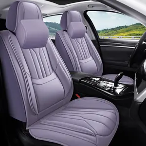 OTOEZ Waterproof Purple Nappa Leather Car Seat Cover 5 Seats Full Coverage with Headrests Lumbar Cushion Non-Slip Automotive Interior