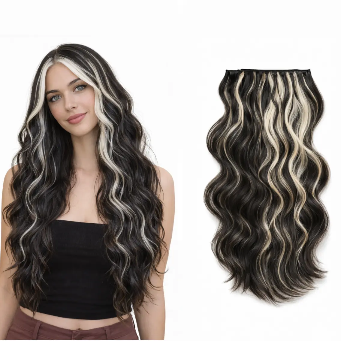 QBEAUTY 24-Inch Invisible Clip-in Hair Extensions, Thick Natural Synthetic Soft Hairpieces, Double Weft with 4/3/2 Secure Clips, Long Wavy Synthetic Extensions for Women