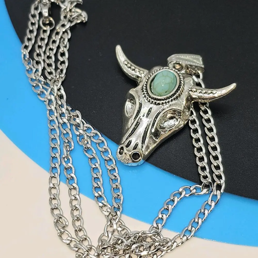 Stainless Steel Bull Head Pendant Necklace with Green Stone 14.6 Grams 23 Inches Long Silver Colored Chain