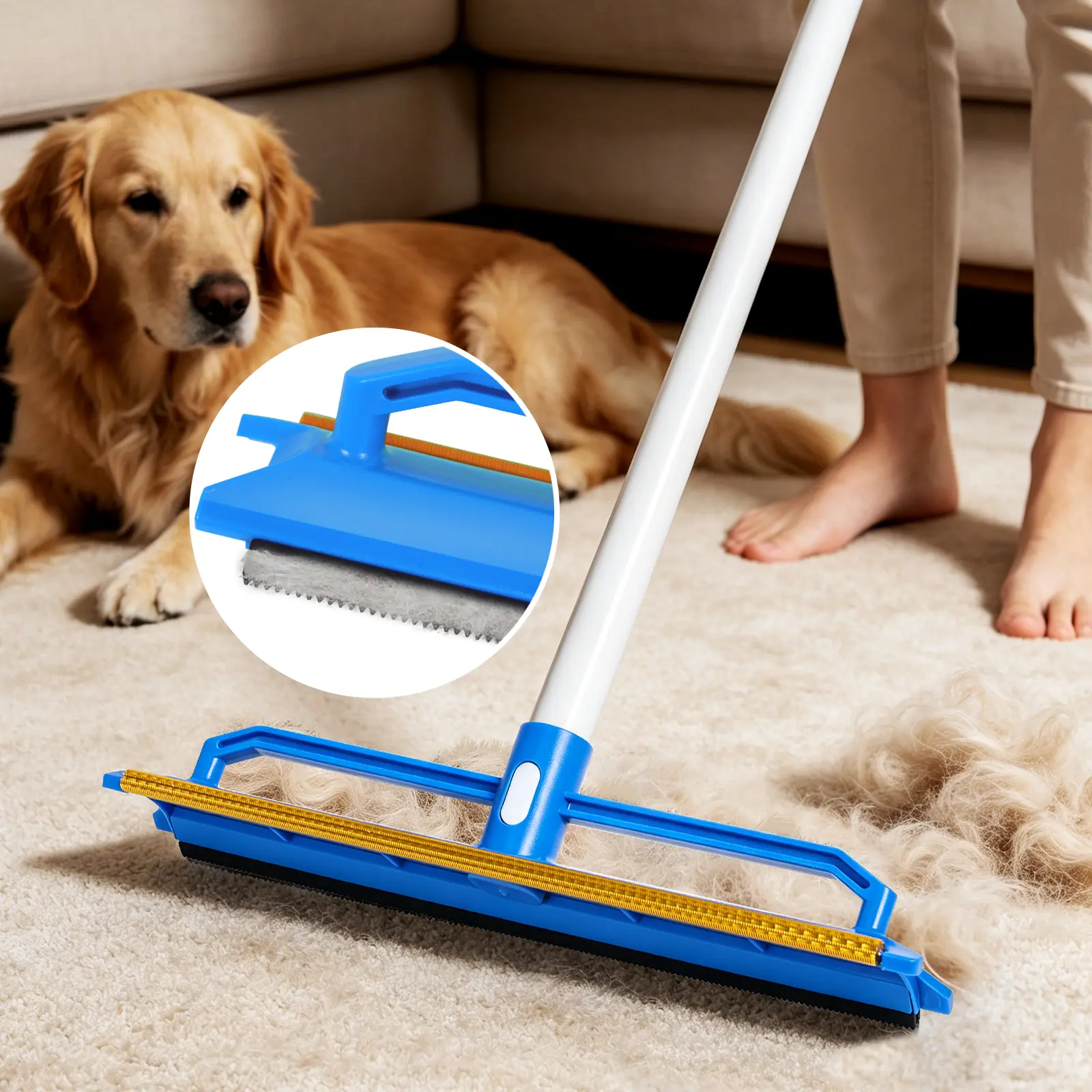 Carpet Rake for Pet Hair Removal,Cleaning Brush with 60" Adjustable Long Handle for Cat Dog Hair on Rugs & Carpets,Bonus Silicone Brush,Blue