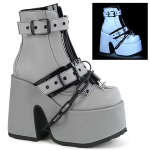 Demonia Camel-205 Gray Reflective Vegan Leather Ankle Boots