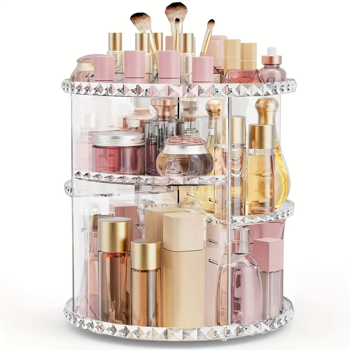 Clear Diamond Rotating Makeup Organizer, DIY Adjustable Layers Spinning Skincare Storage, Cosmetic Display Case with Brush Holder and Perfume Tray, Multi-Function Vanity Bathroom Countertop Organizer, Cosmetic Organizers Clear