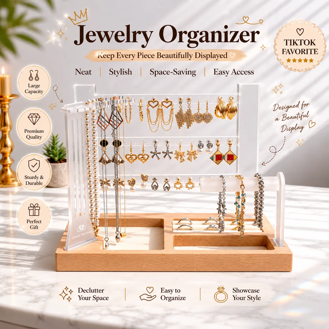Acrylic Jewelry Organizer Stand Set with Wood Base - Modern Rectangle 3-Tier Velvet Holder for Earrings, Necklaces, Bracelets, plus Ring Tray Box for Home Organization