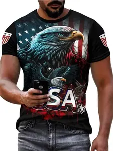 Men's American Eagle Flag Print Short Sleeve Shirt, Breathable Comfort Fit, Casual Fitted Top for All Seasons, Trendy Streetwear Fashion