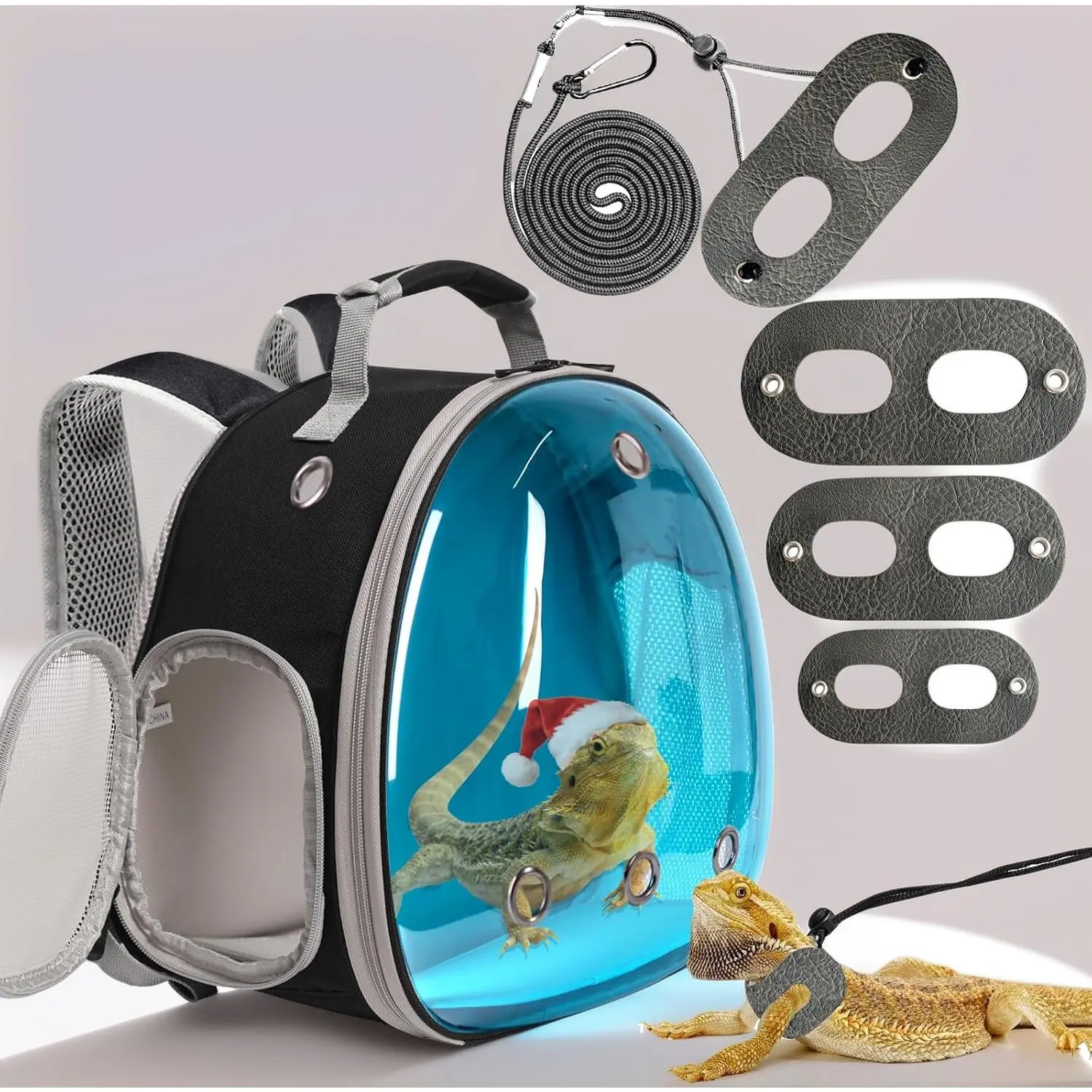 Airline Approved Bearded Dragon Travel Backpack Carrier with Harness & Leash Set - Clear Bubble Window, Breathable Lizard Backpack for Reptiles, Space Capsule Design, Ventilated