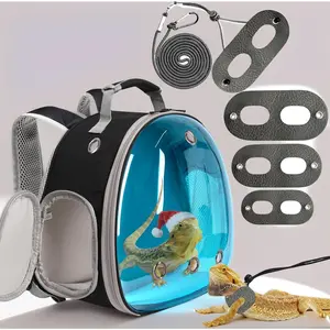 Airline Approved Bearded Dragon Travel Backpack Carrier with Harness & Leash Set - Clear Bubble Window, Breathable Lizard Backpack for Reptiles, Space Capsule Design, Ventilated