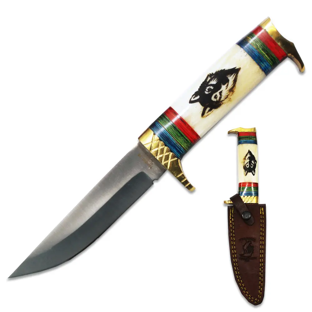 BC 888-WF 10.5" Bone Collector Wolf Design Bovine & Brass Hunting Knife with Leather Sheath, Outdoor Camping Knives, Camping & Hiking Gear