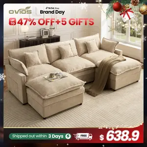 【On Backorder Ships by End of May】Ovios 108" U-Shaped Modern Sofa Modular Sectional Cloud Couch with 2 Ottoman, Comfy Chenille Deep Seat Sofa Bed with 5 Pillows for Living Room, Bedroom and Apartment, 5-Seater