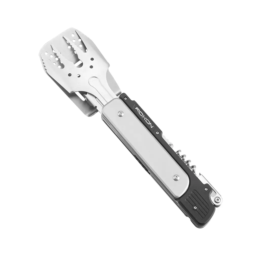 ROXON S601 14'' 6-in-1 Folding BBQ Grill Tool Set, Spatula Fork Knife Tongs Bottle Opener, Portable Grilling Utensils for BBQ, Camping & Backyard Cooking