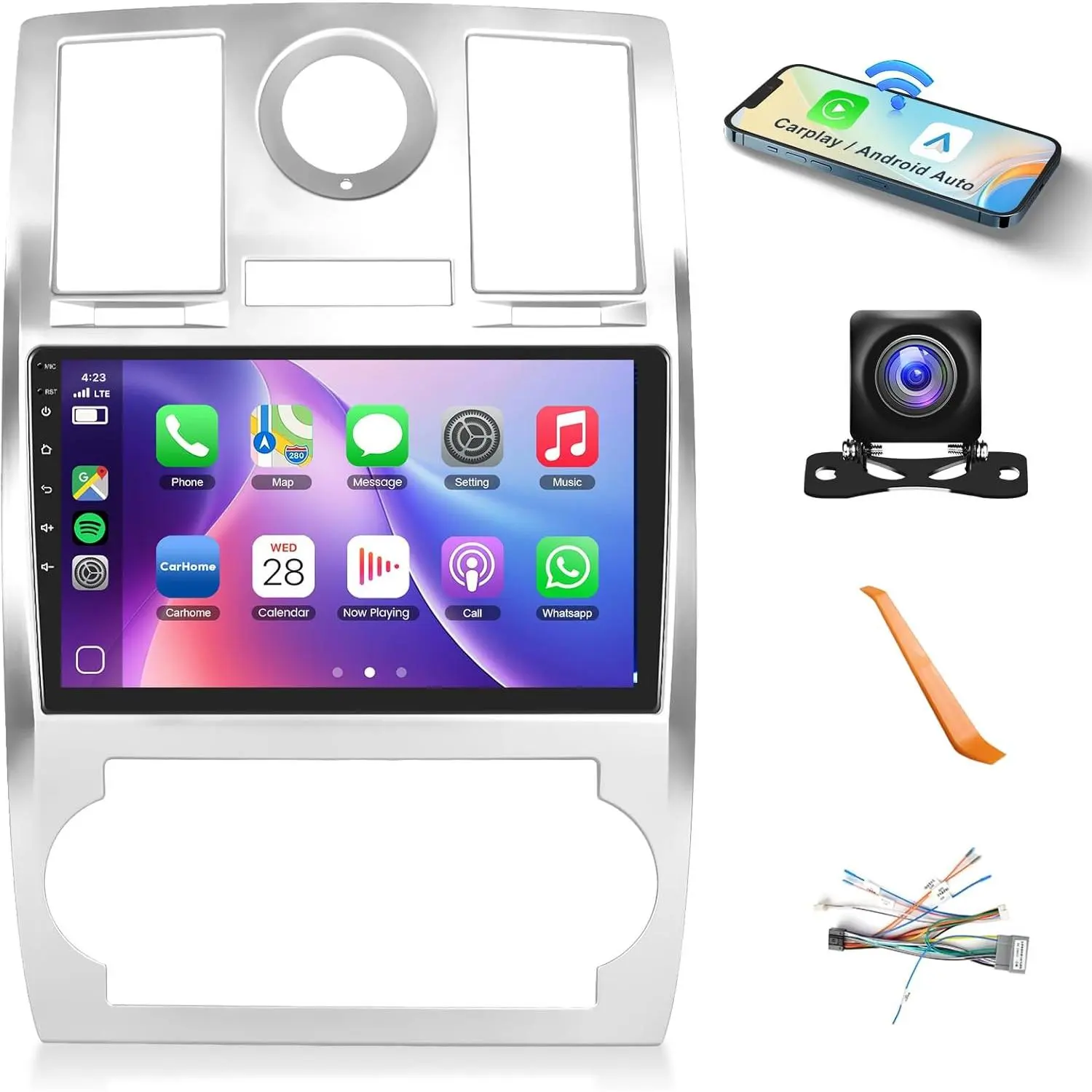 RIMOODY 2+64G Touchscreen Car Radio for Chrysler 300/300C 2004-2011, 9in Heat Resistant Car Display Screen with Wireless Carplay/Android Auto, GPS Navigation, DSP, WiFi, Bluetooth, FM/RDS, Mirror Link, SWC, Wireless Sync, Backup Camera Car Media Player Ca