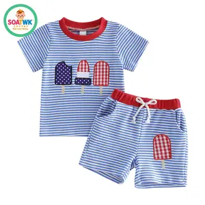 Toddler Baby 4th of July Outfit Fashion Patriotic Popsicle Embroidery Striped Short Sleeve Tops with Shorts 2Pcs Set