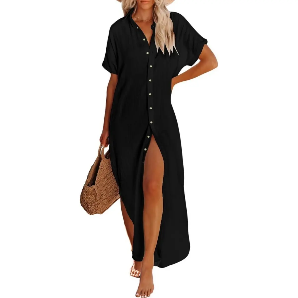 Breezy Lane Cotton Button-Up Swim Cover-Up: lightweight & breathable, sun-protective. Essential for summer days, ideal for stylish women.