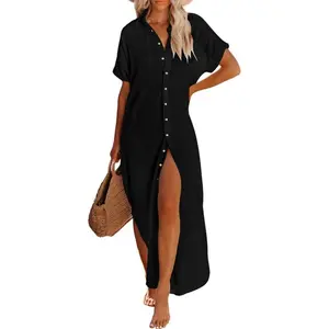 Breezy Lane Cotton Button-Up Swim Cover-Up: lightweight & breathable, sun-protective. Essential for summer days, ideal for stylish women.