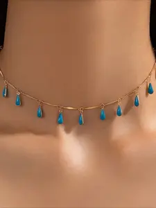 Boho Turquoise Teardrop Choker Necklace, Golden Plated Blue Drop Dangle Necklace, Trendy Summer Costume Jewelry for Women, Beach Boho Necklace