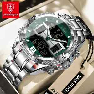 POEDAGAR dual-display sports chronograph watch, luxurious dual-time zone display digital weekly calendar date LED illuminated electronic men's quartz watch