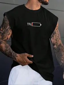 Men's Low Battery Print Sleep Tank Top, Casual Sleeveless Crew Neck Tee for Men, Comfy Loungewear for Daily Wear