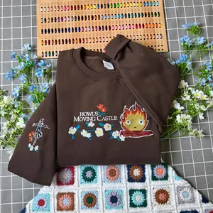 Calcifer Embroidered Sweatshirt Hoodie, Howl’s Moving Castle Ghibli Anime Crewneck, Cozy Fantasy Unisex Gift.