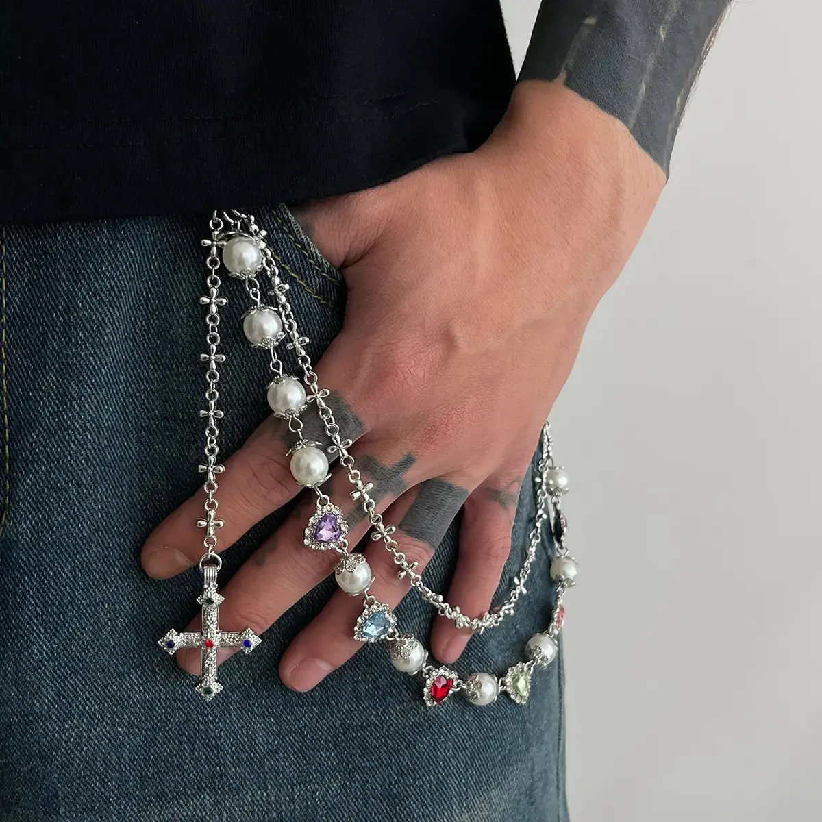 Men's Punk Body Chain with Pendant, Hip Hop Trousers Pocket Keychain with Artificial Crystal - Party Wear Accessory for Father's Day, Easter, Valentine's Day, Male, Cool Look, Fashion