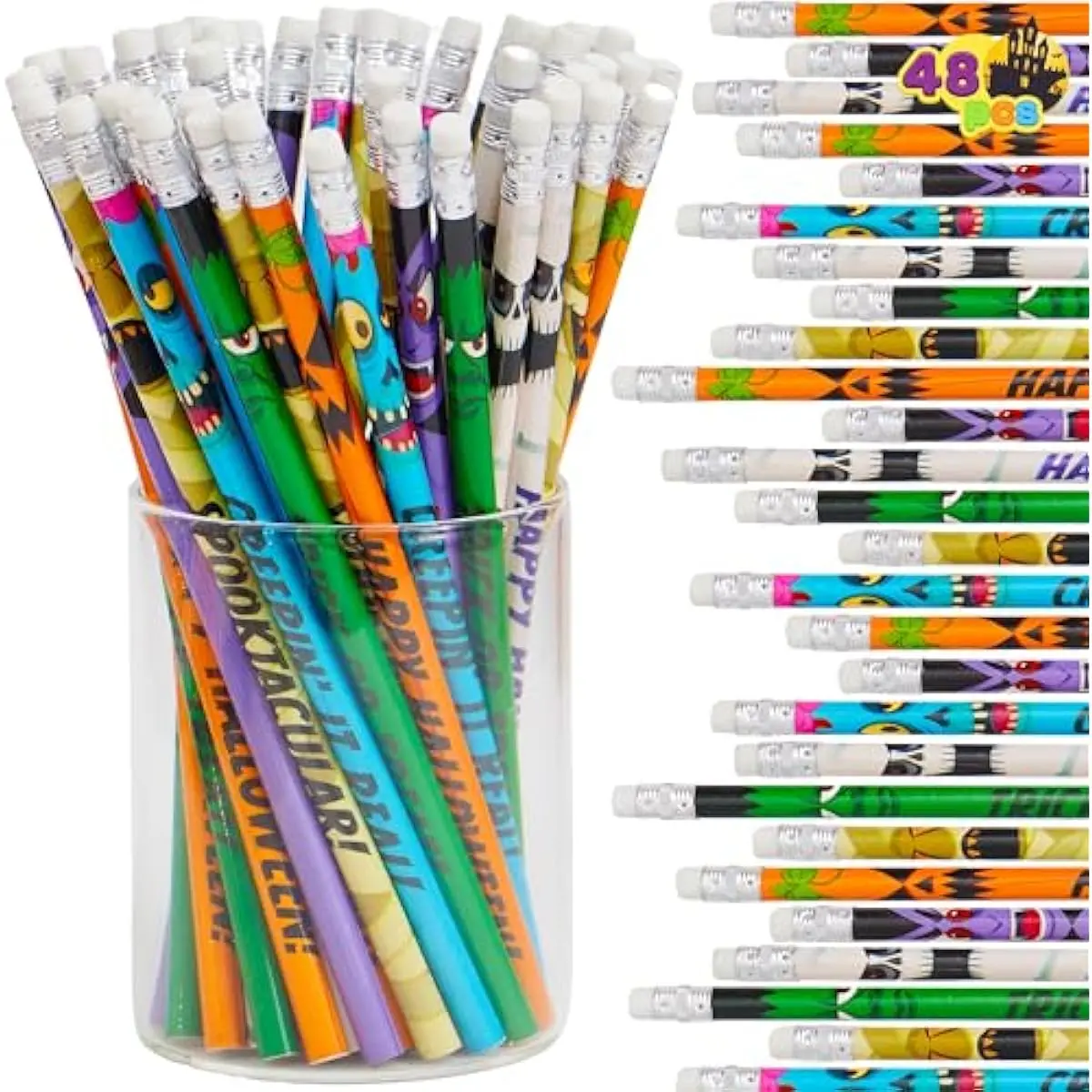 48PCS Halloween Pencils Bulk with Eraser, Assorted Pencil Assortment Halloween Themed Stationery Set in 6 Design for Kids Boy Girl Trick or Treat, Party Favor Supplies, Classroom Gifts Prize