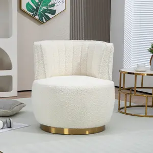 Swivel Barrel Chair White Teddy Modern Accent Chair, Round Upholstered Comfy Side Chair, Sherpa Chair with Gold Base for Nursery, Living Room, Bedroom, Office, Waiting Room, Hotel, White
