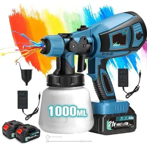 Cordless Paint Sprayer with 2 Batteries 21V 4.0Ah 1000ml Cordless Spray Paint Gun 3 Spray Modes 3 Nozzles Adjustable Flow Length for Home Interior Furniture Wall Door Latex (Style B-Blue)