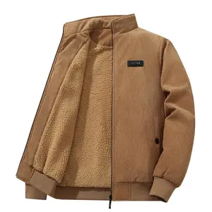 Men's Casual Stand Collar Corduroy Jacket, Fleece Lined Warm Zip-Up Coat, Polyester, Suitable for Autumn and Winter Menswear Tops