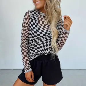 Black Checkered Pattern Mesh Mock Neck Long Sleeve Top