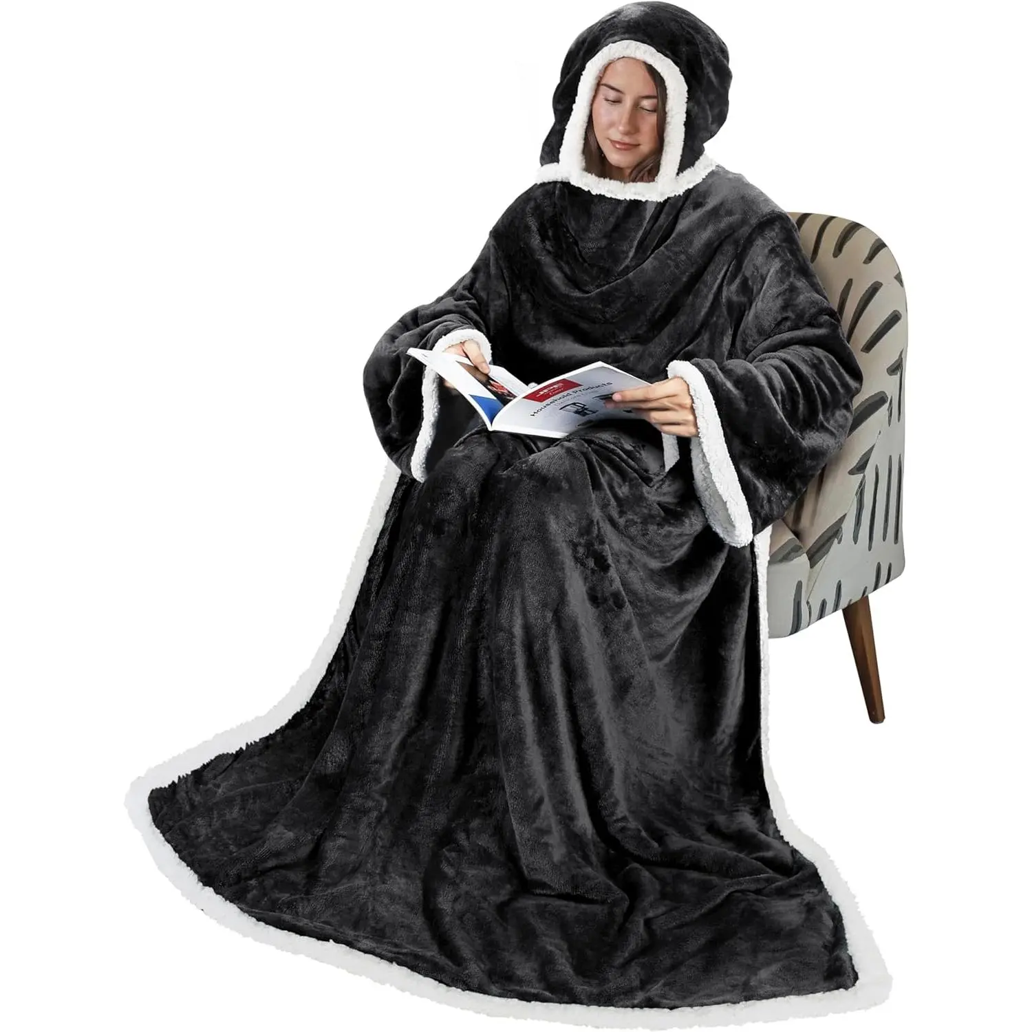 Oversized Hooded Wearable Blanket with Sleeves - Full Body Cozy Flannel Robe, Christmas Thanksgiving Gift for Female Adults, Wine Night Reading TV Wrap