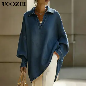 UOOZEE Women's 2026 Autumn/Winter Thick Oversized Collared Denim Shirt - V-Neck Long Sleeve High-Low Hem Basic Essential Simple Skinny-Fit Tunic Top, Smart Casual Minimalist Fabric Blouse, Boyfriend Style Loose Washed Alternative