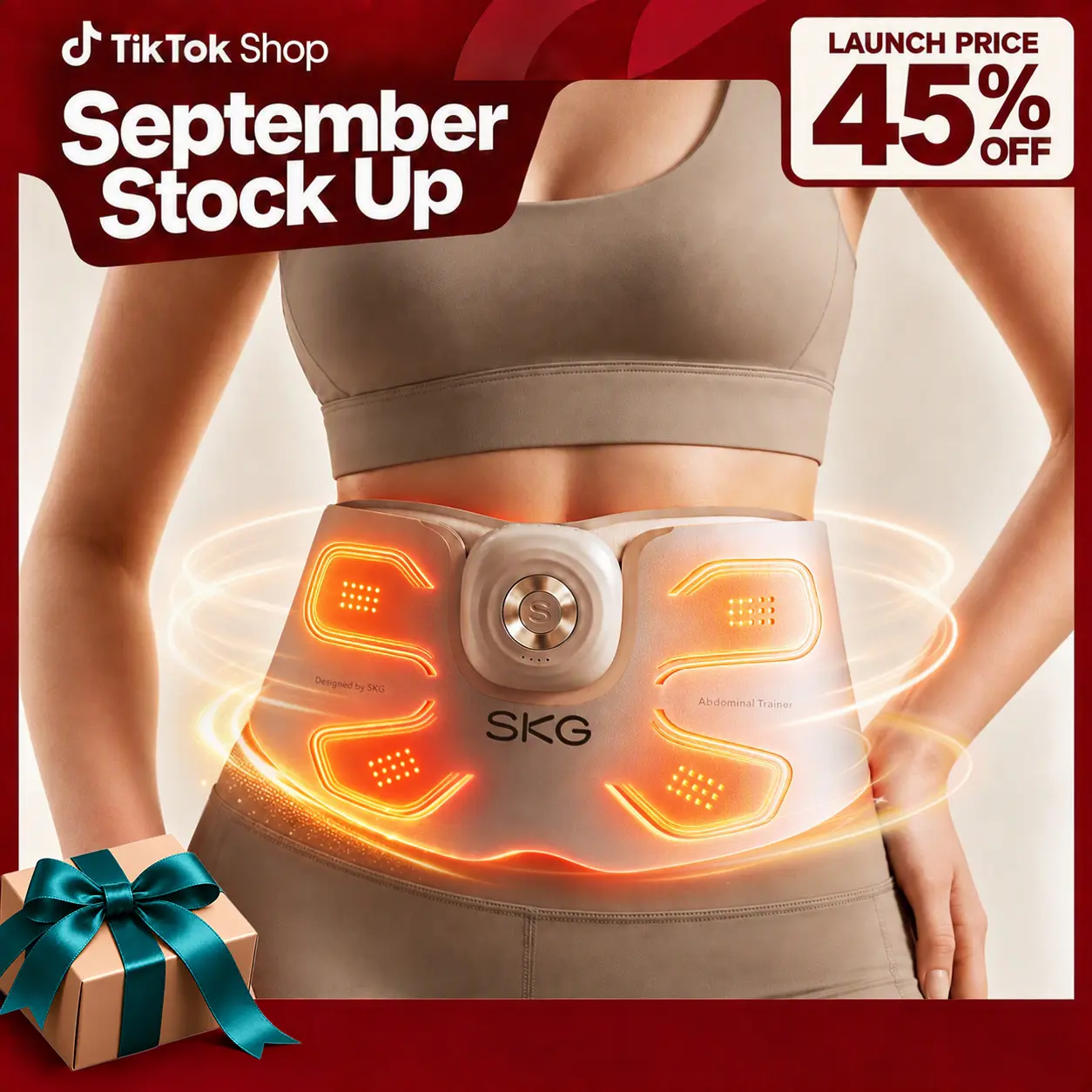 SKG FlexNova Abdominal Trainer Belt - Abdomen Zone, Waist Focus, EMS + TENS Technology, Heat Therapy, 620 nm Red Light, 9 Intensity Levels, Detachable Body Massage Pad