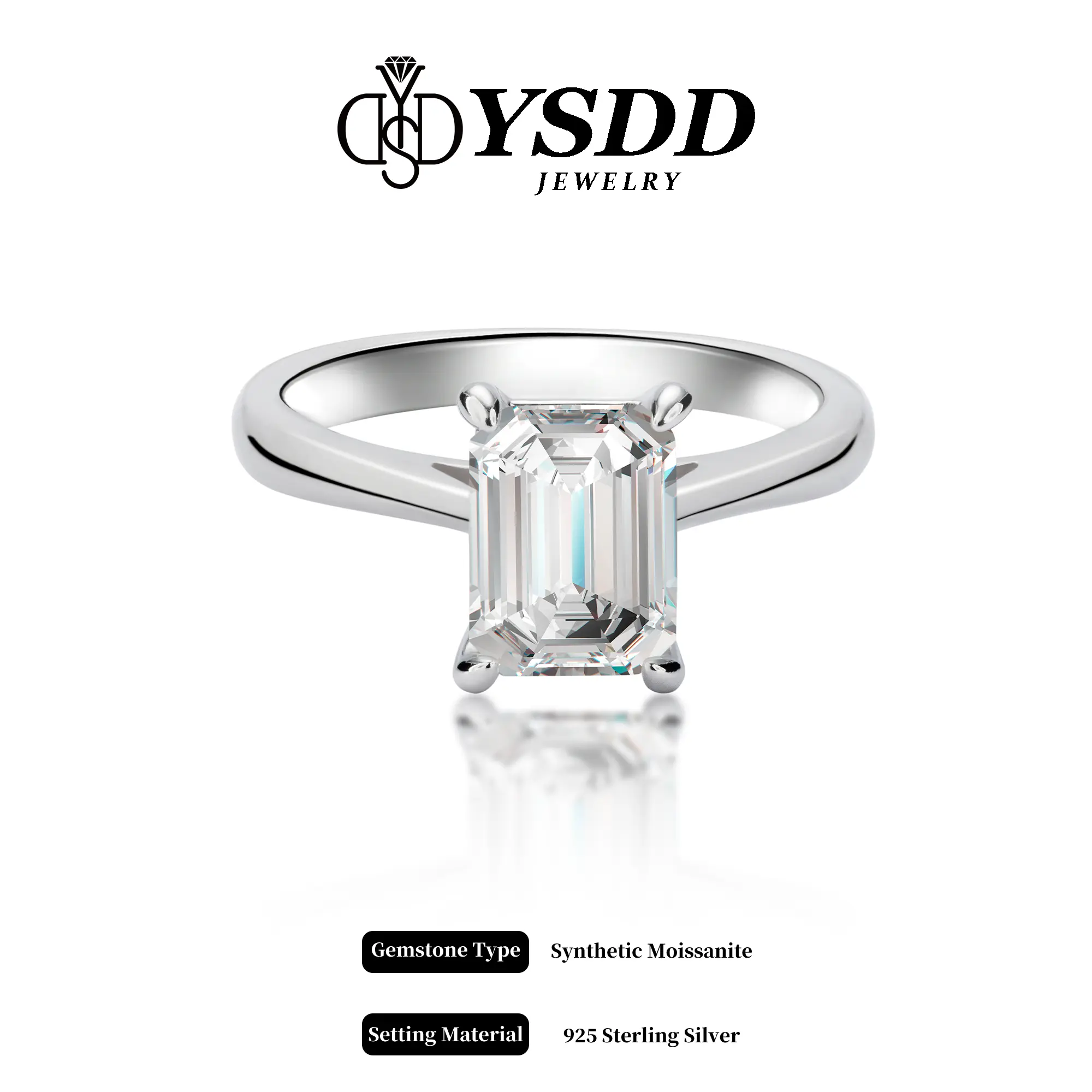 【#52】2Carat Emerald Cut Synthetic Moissanite Rings in 925 Sterling Silver