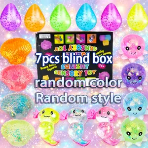 7-piece sensory pressure squeezing toy blind box random color style, dreamy water droplet/octopus/shell/amphibian soft shell toy ball, Kawaii transparent sparkling stress jelly squeezing ball sensory toy, a gift to release anxiety